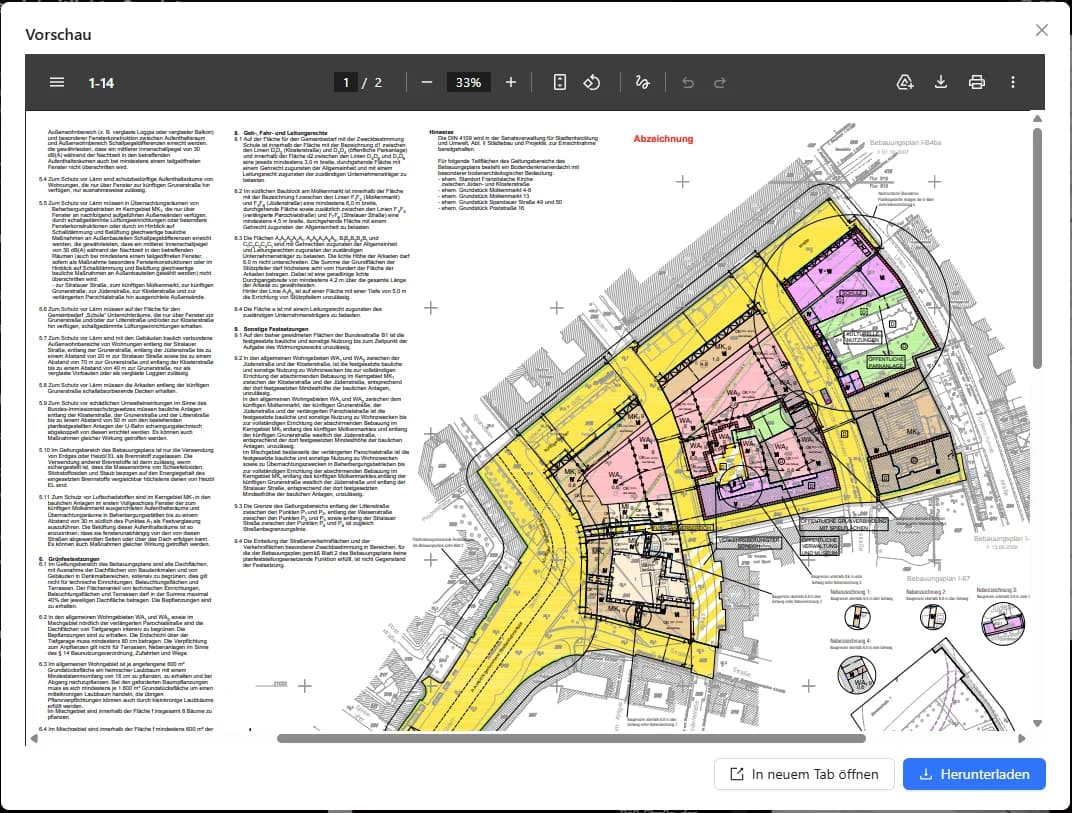A real Bebauungsplan document: a drawn plan sheet next to pages of written provisions, viewed as a PDF
