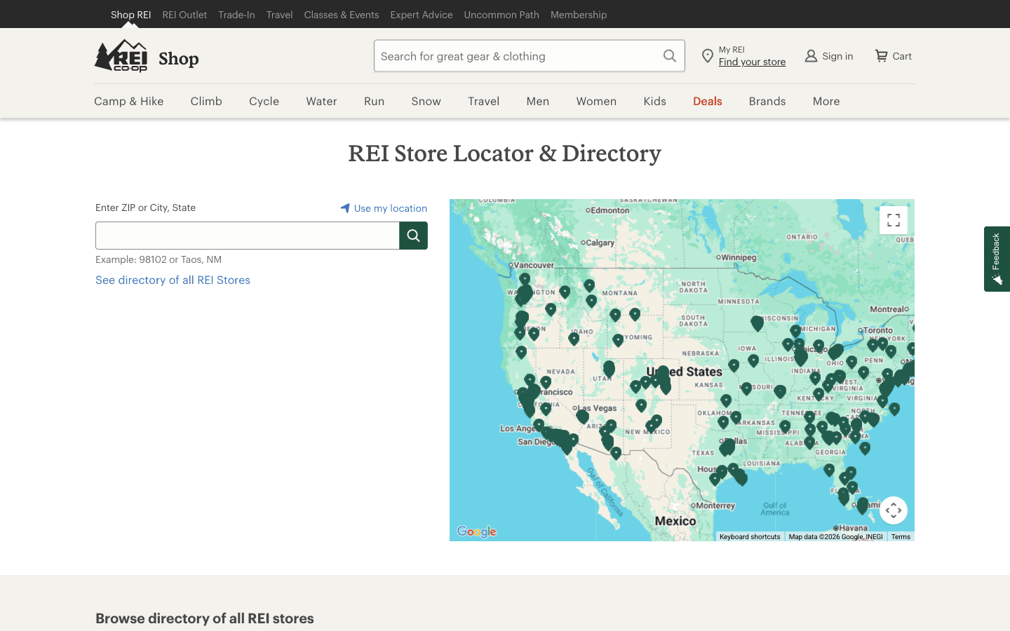REI Store Locator mit Vollbild-Gelaendekarte und gruenen Pins in den gesamten USA