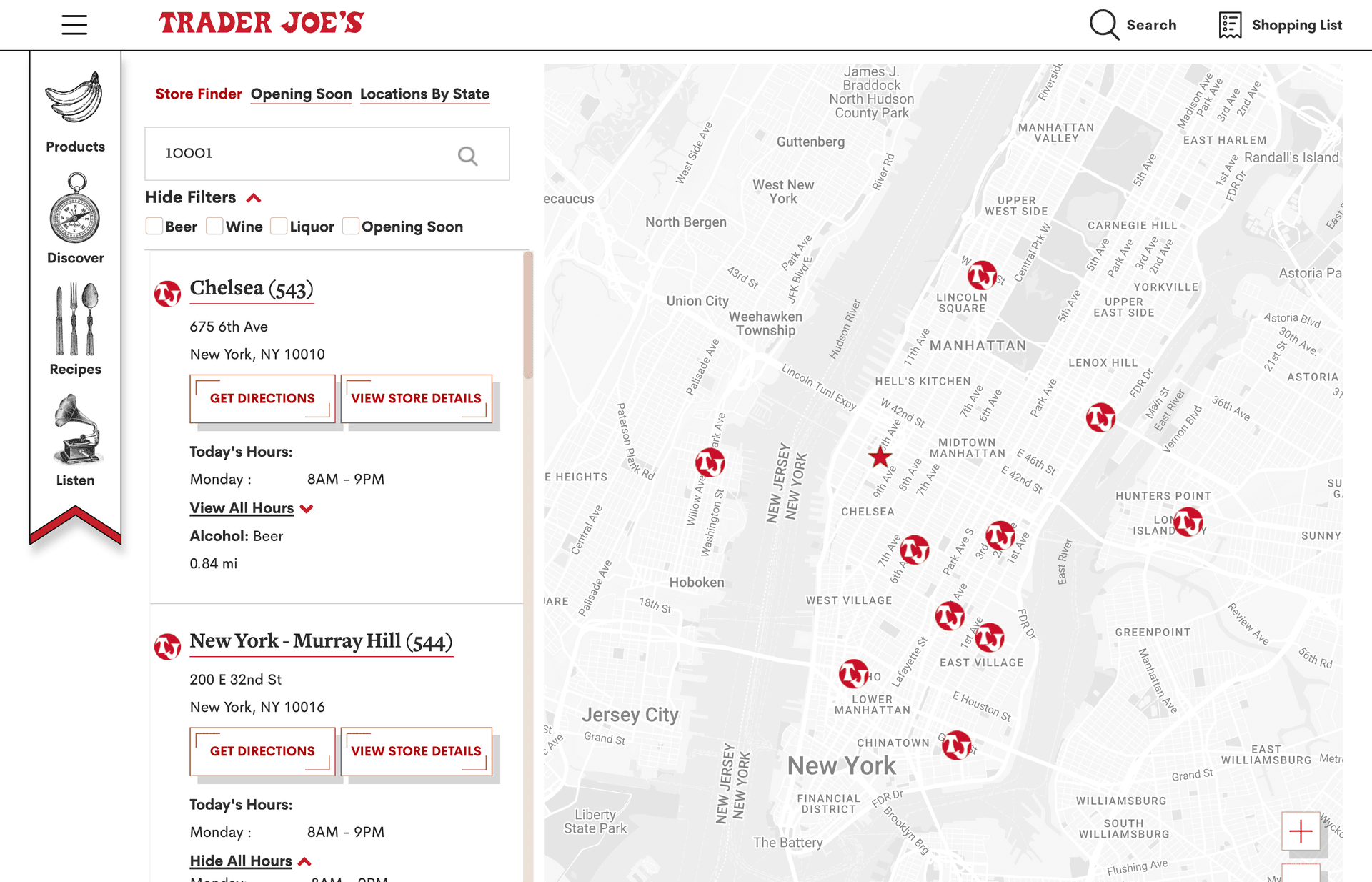 Trader Joe's Store Locator mit markentypischen roten Pins und Sidebar mit Filialdetails