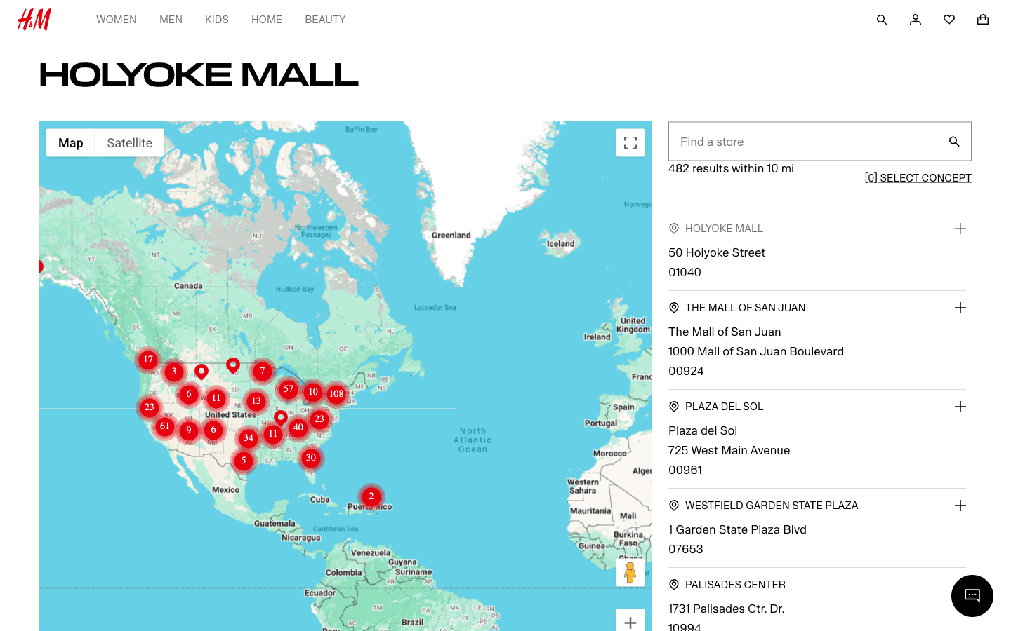 H&M Store Locator mit geclusterten roten Pins und rechter Sidebar-Filialliste