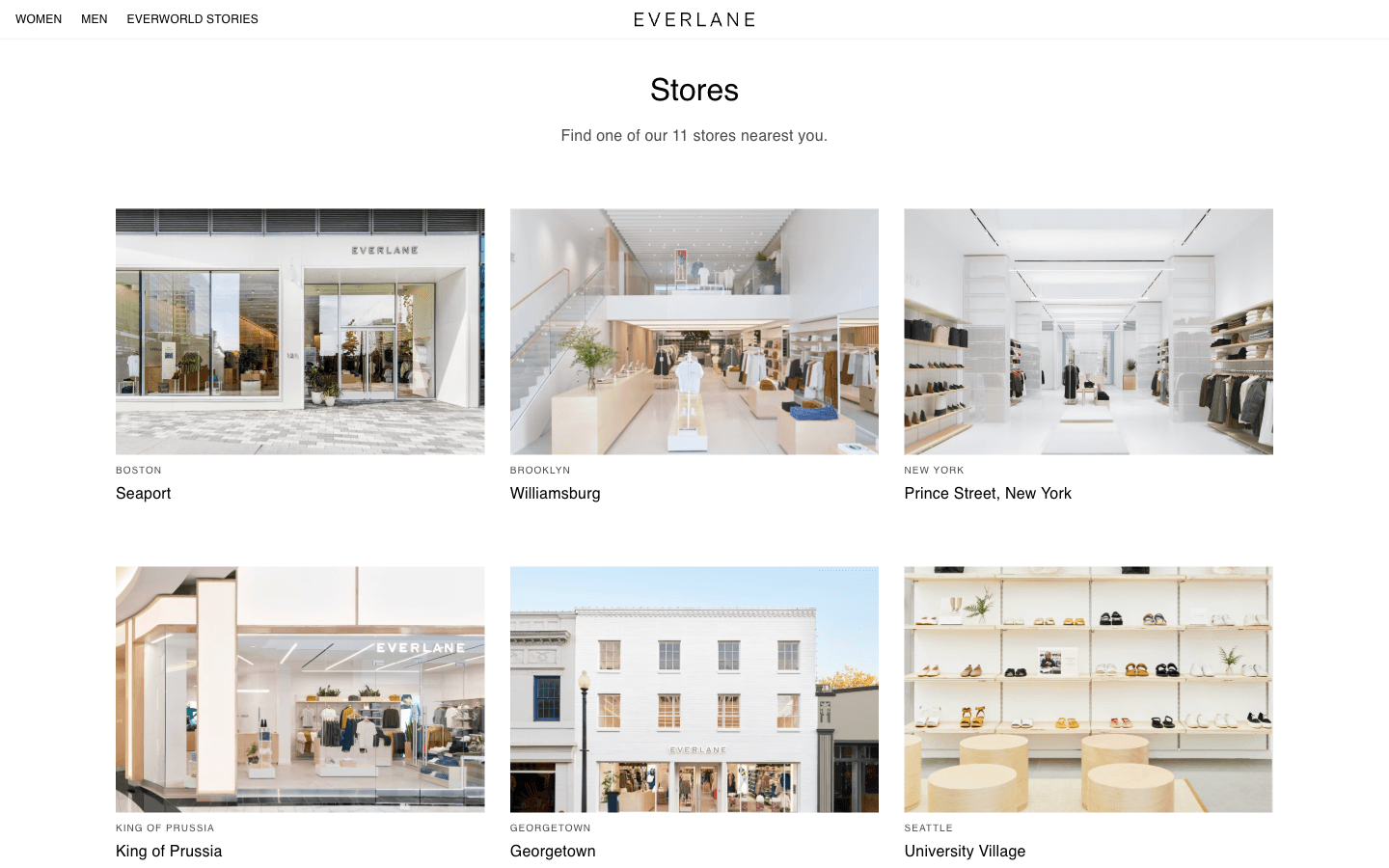 Everlane Stores-Seite mit einem Grid aus Ladenfotos und Stadtnamen