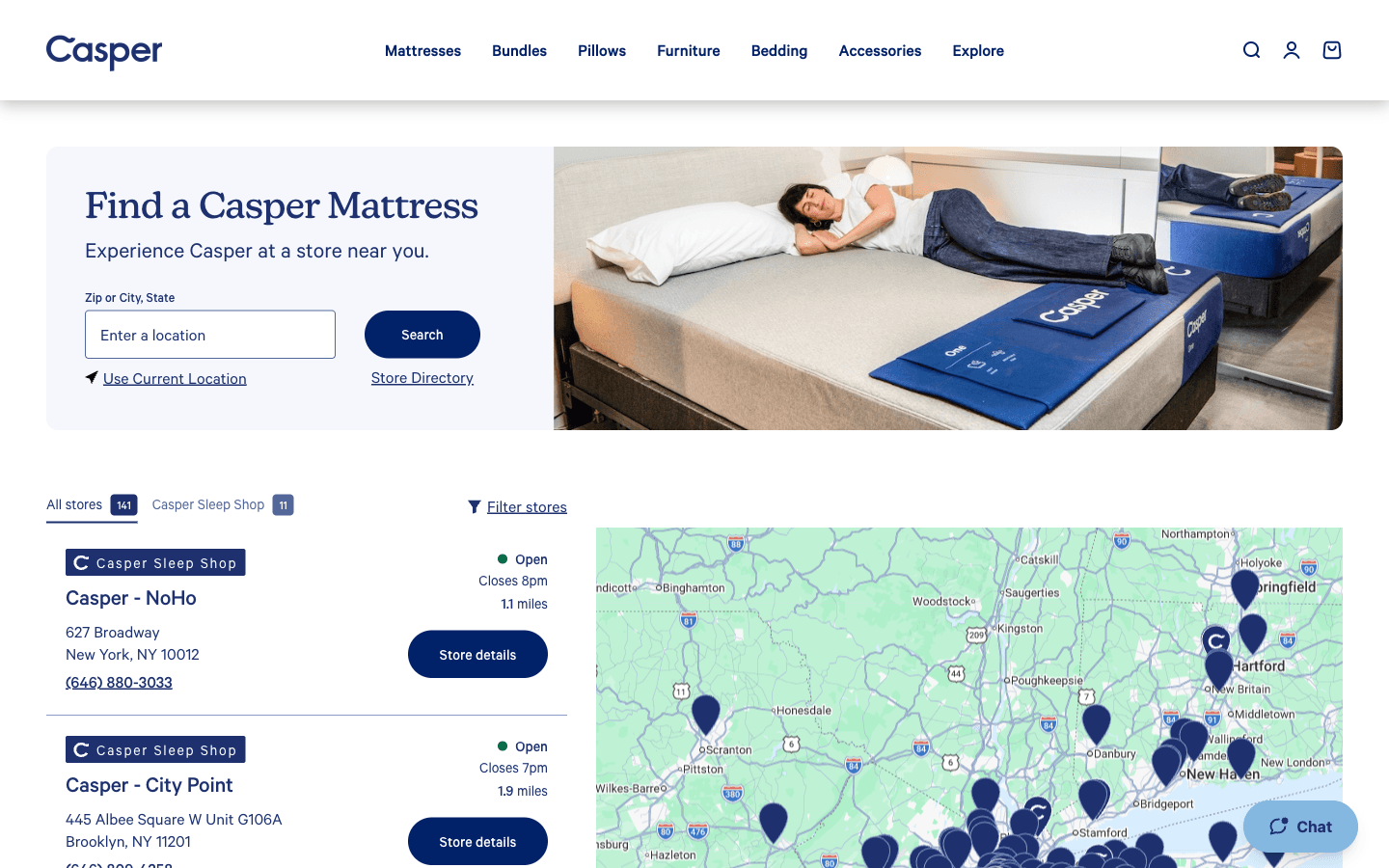 Casper Store Locator mit Sidebar, gebrandeten Standortkarten und blauen Pins auf der Karte