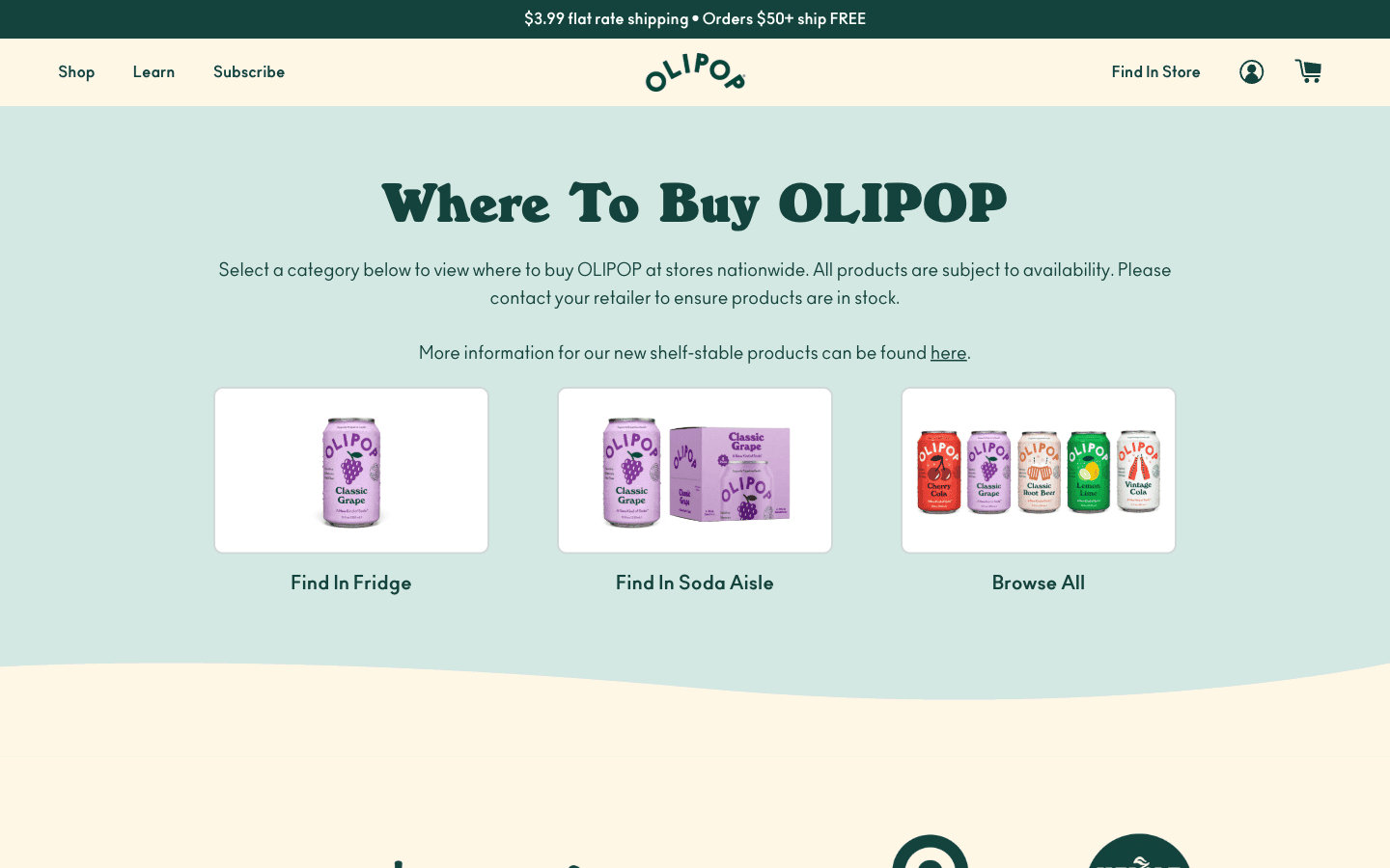 Olipop Where-to-Buy-Seite mit Produktkategorien und Dosenbildern