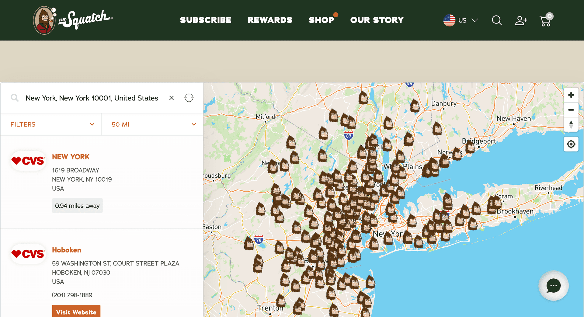 Dr. Squatch Store Locator mit gebrandeten Pins dicht ueber der oestlichen USA verteilt