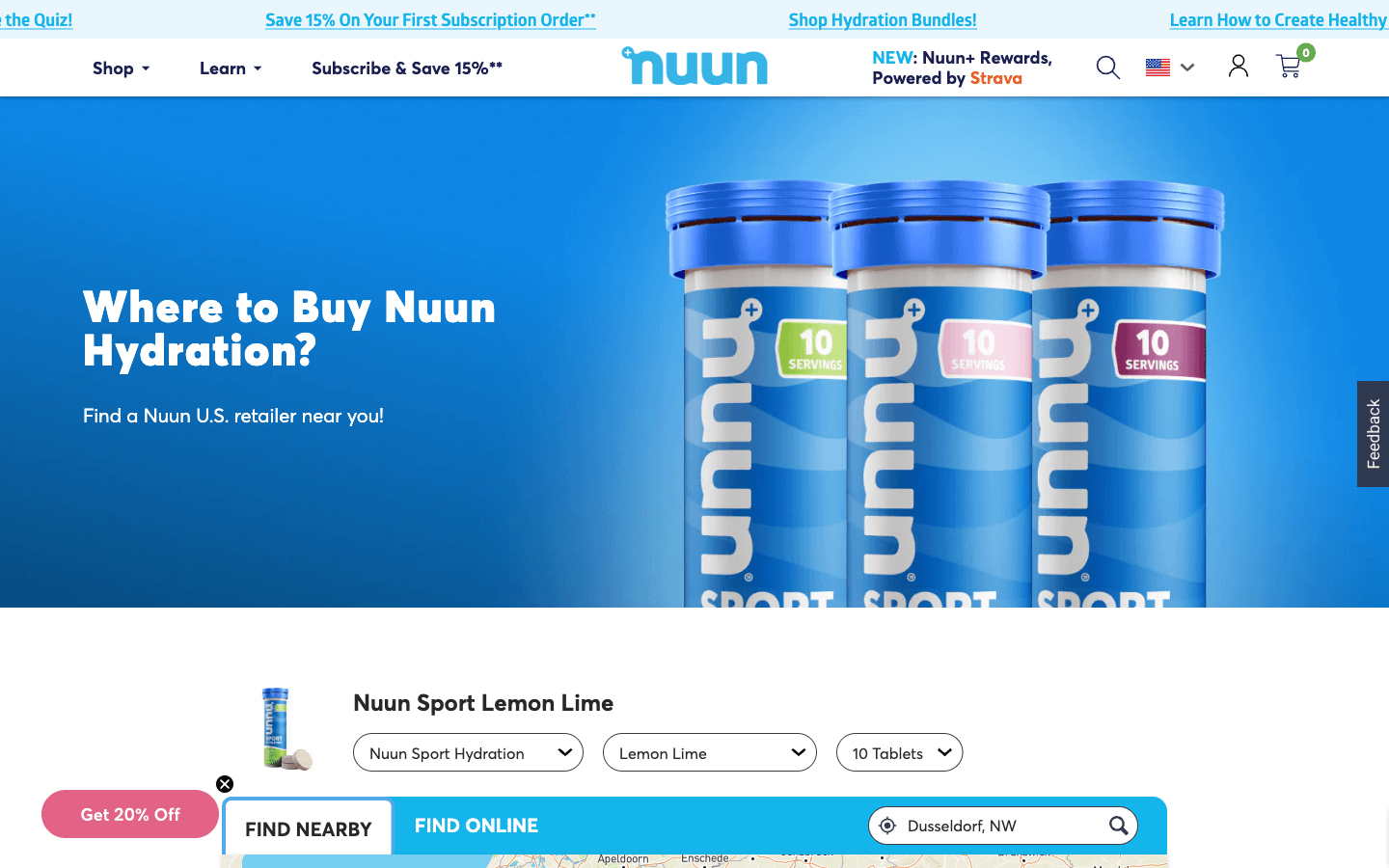 Nuun Where-to-Buy-Seite mit Produktwaehler und Find-Nearby/Online-Tabs