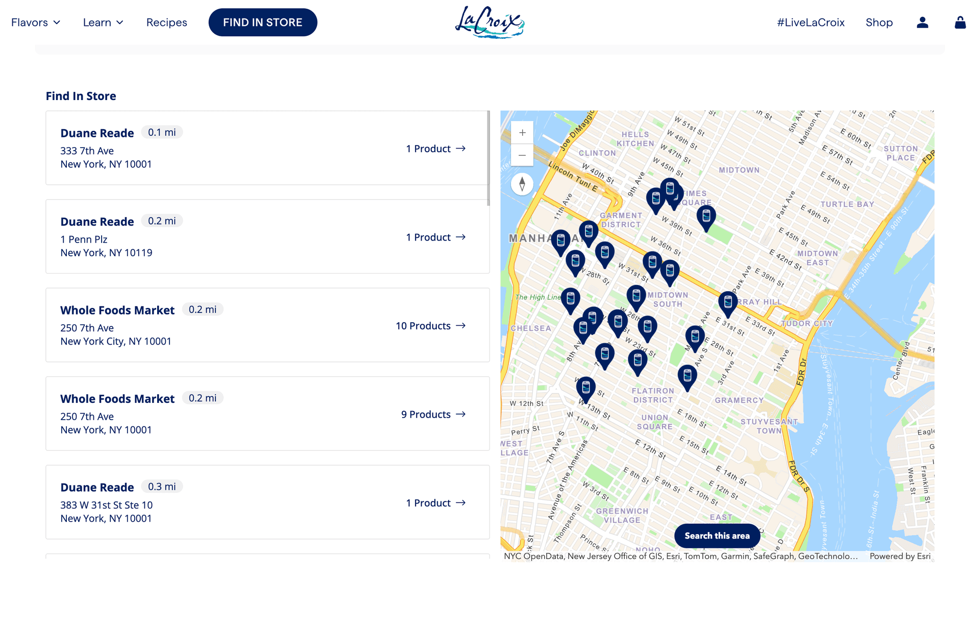 LaCroix Store Locator mit Sidebar-Haendlerliste und blauen Pins auf einer Manhattan-Karte
