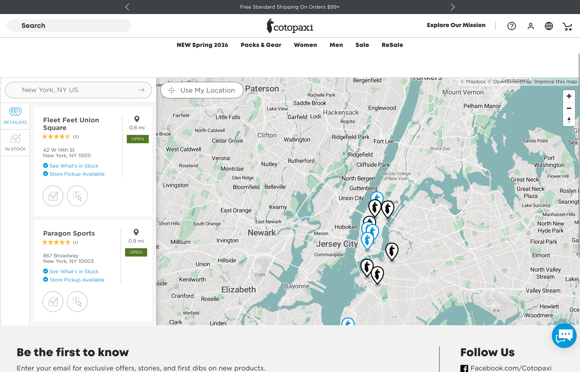 Cotopaxi Store Locator mit Sidebar und tuerkisfarbenen Pins auf einer Karte der Region New York