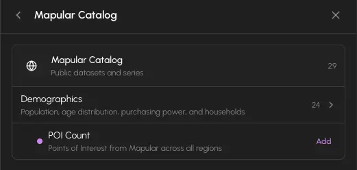 The action catalog Load tab showing the Mapular Catalog with available datasets