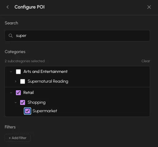 The action catalog showing the POI category tree with Retail selected