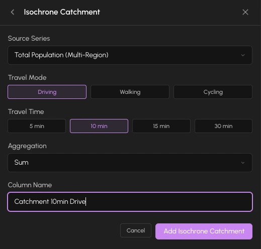The catchment column configuration panel showing source series, method, and distance settings