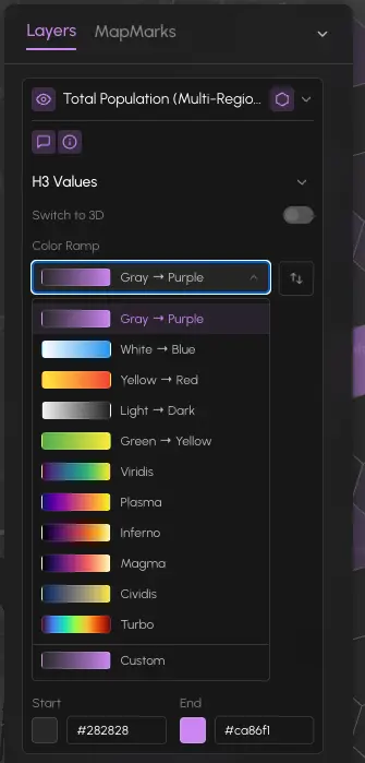 The color ramp picker showing preset and custom options