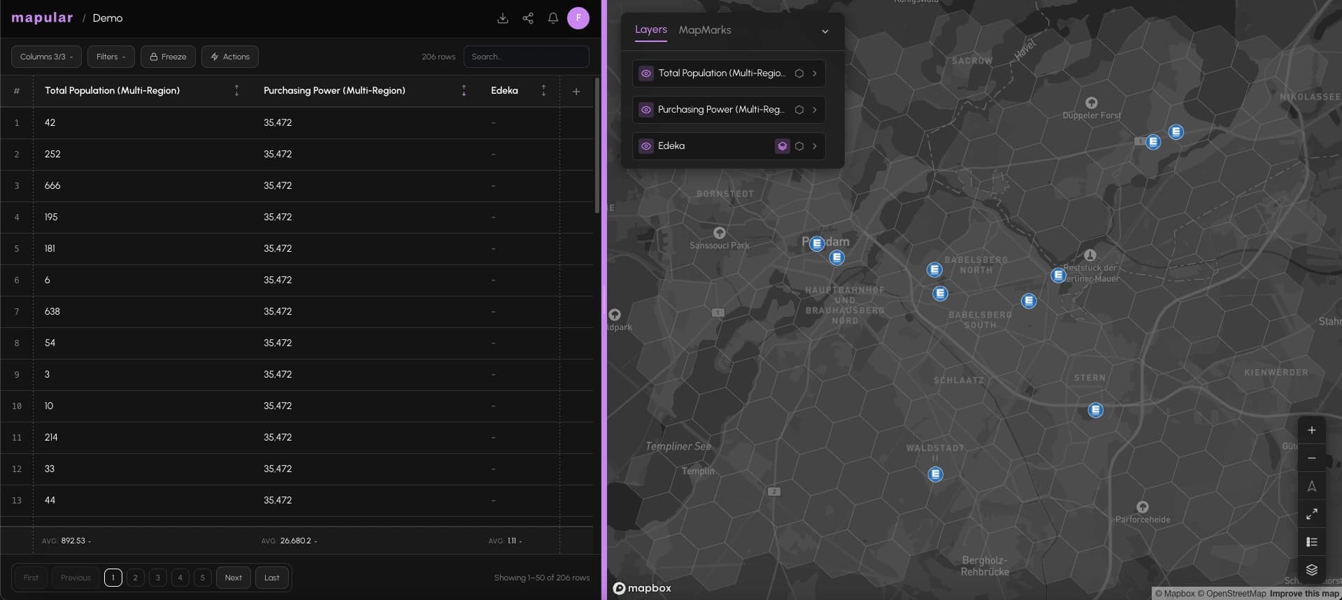 A Mapbook in Map view showing a hex grid with a sidebar