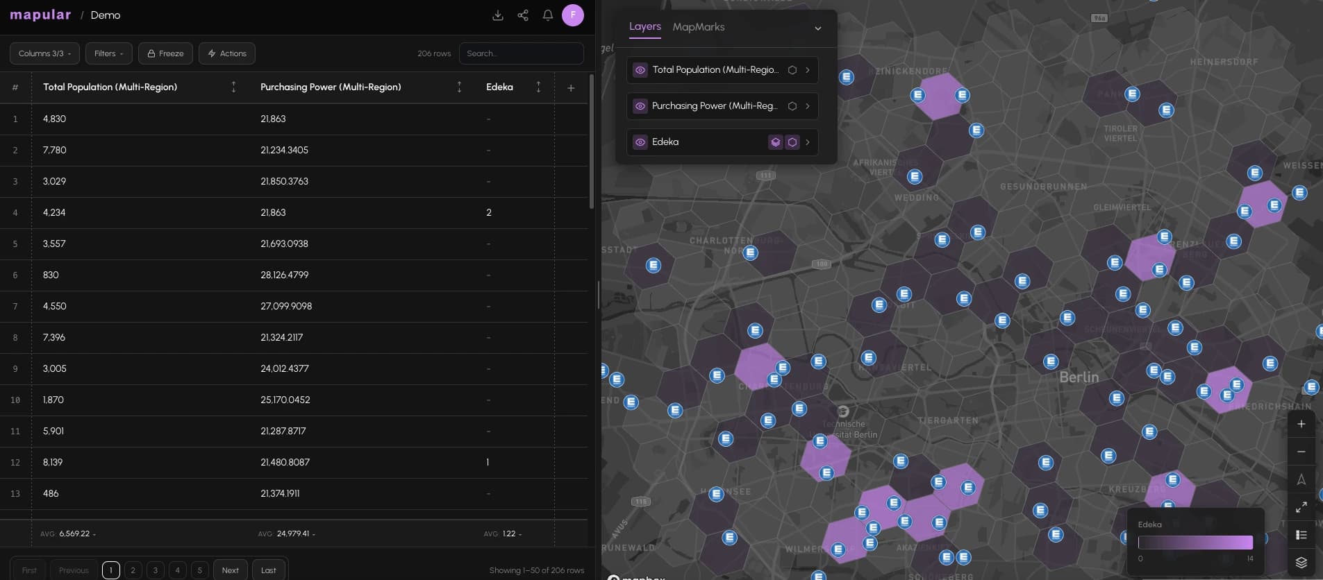 A Mapbook showing competitor POI points overlaid on a hex population layer