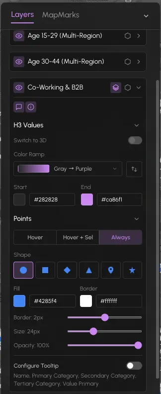 The POI layer settings panel showing overlay mode and point styling options