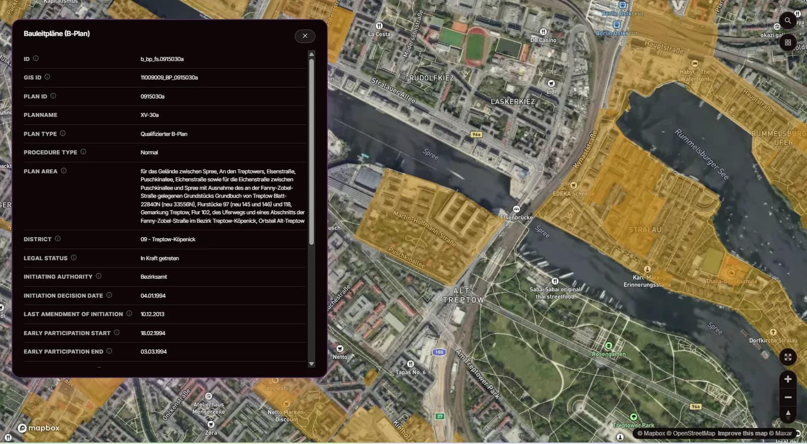 Bebauungsplan polygons over Berlin satellite imagery, with an attribute panel showing plan type, legal status and procedural dates