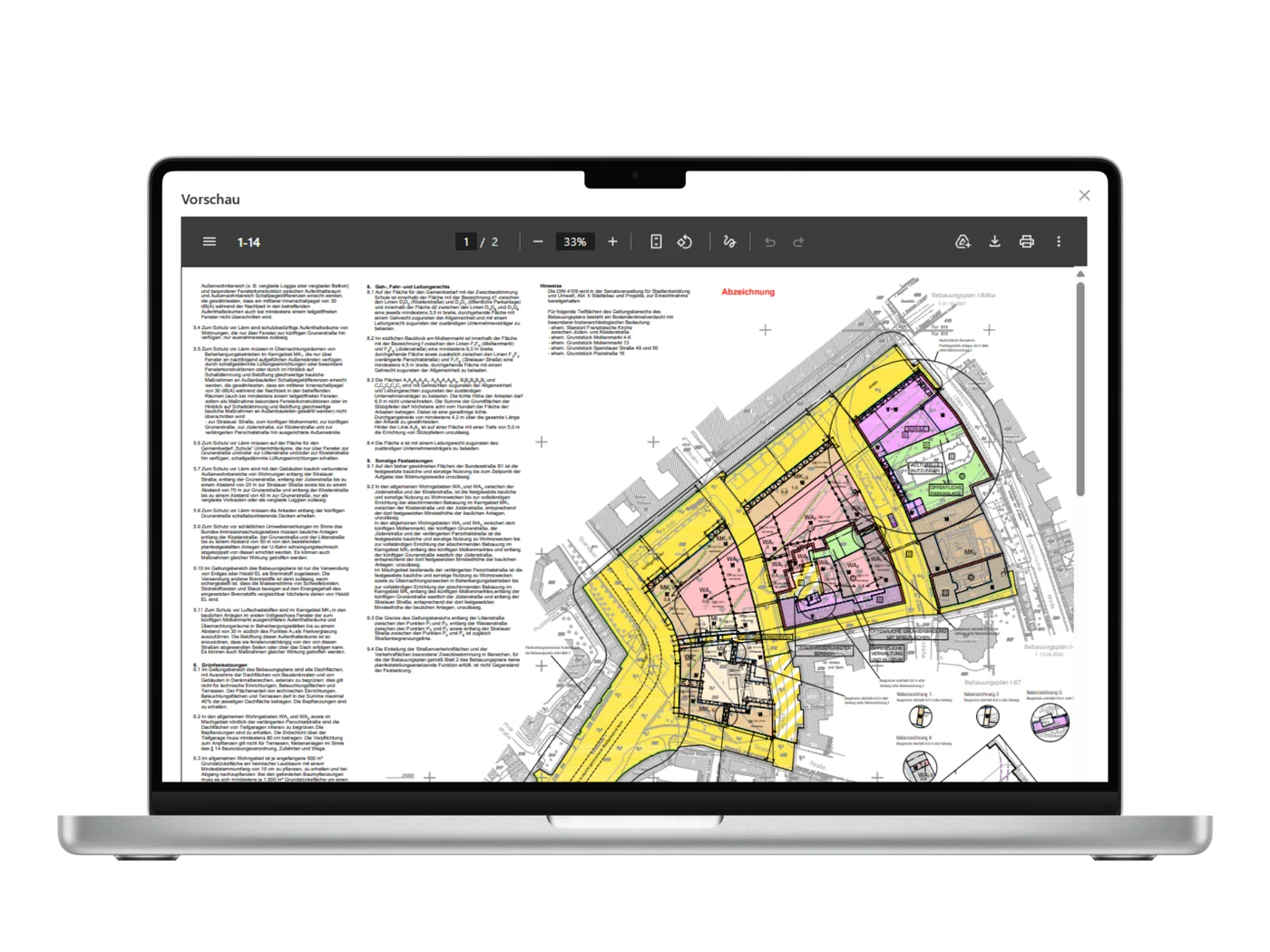 Ein Bebauungsplan-PDF im Browser: dichter Gesetzestext links, die zugehörige Planzeichnung rechts.