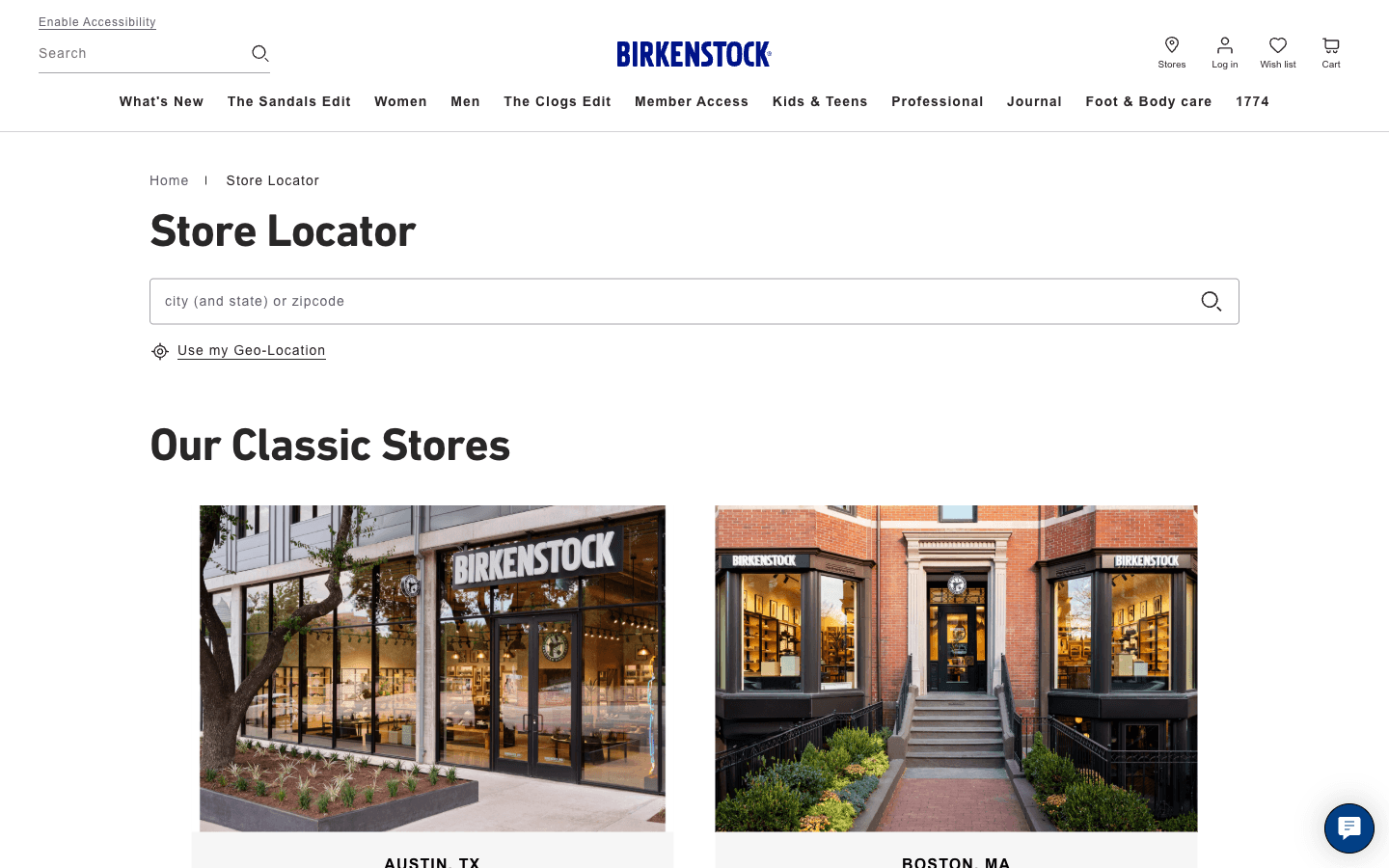 Birkenstock Store Locator mit Suchleiste und kuratiertem Grid klassischer Ladenfotos