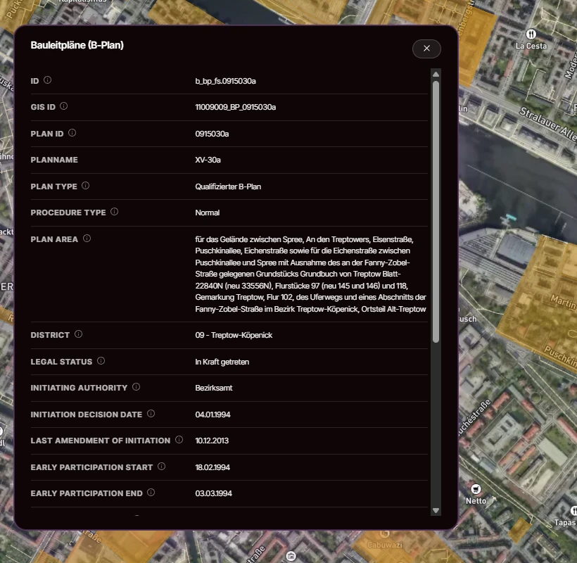 Bebauungsplan polygons over Berlin satellite imagery, with an attribute panel showing plan type, legal status and procedural dates
