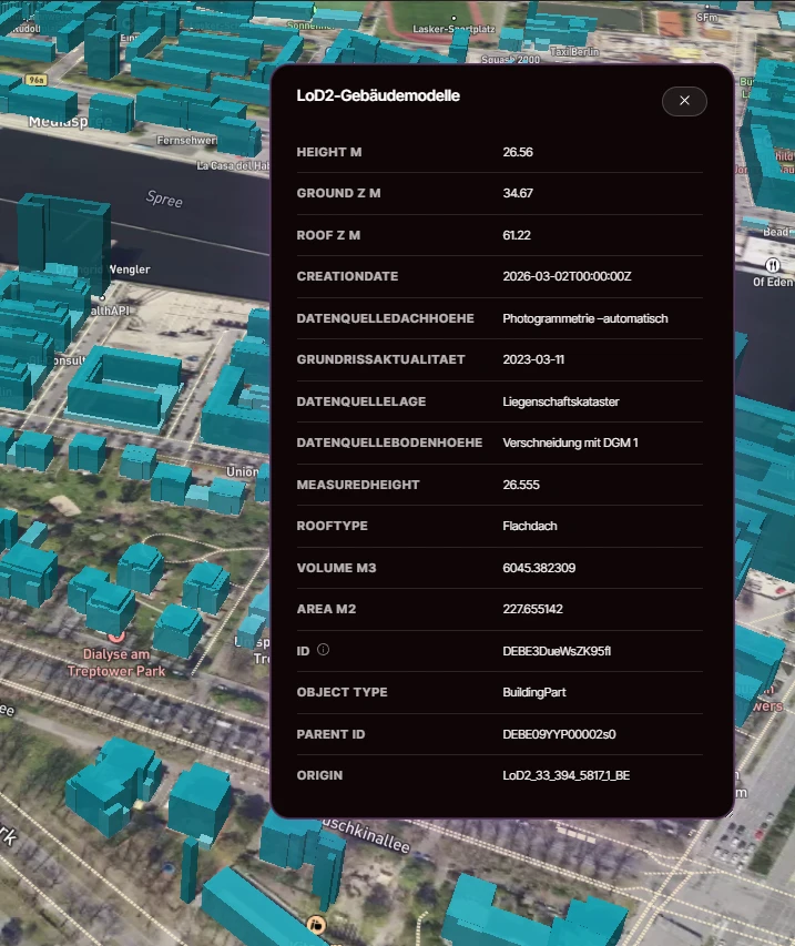 A LOD2 building model's attribute panel over 3D buildings near Treptower Park, Berlin, showing height, roof type, volume and the source behind every value