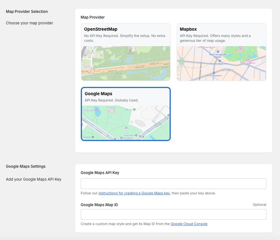 Google Maps selected as the map provider