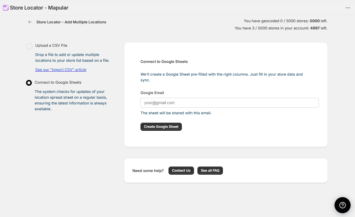 Connect to Google Sheets screen
