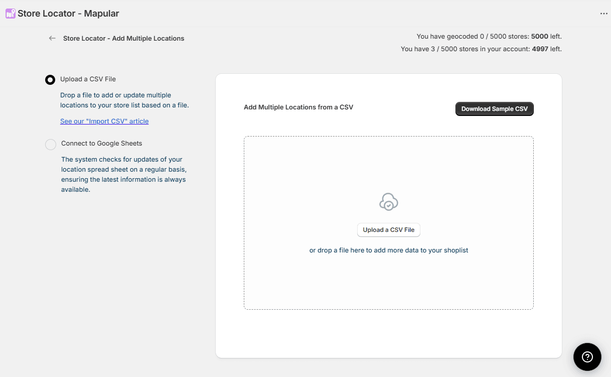 CSV import upload screen