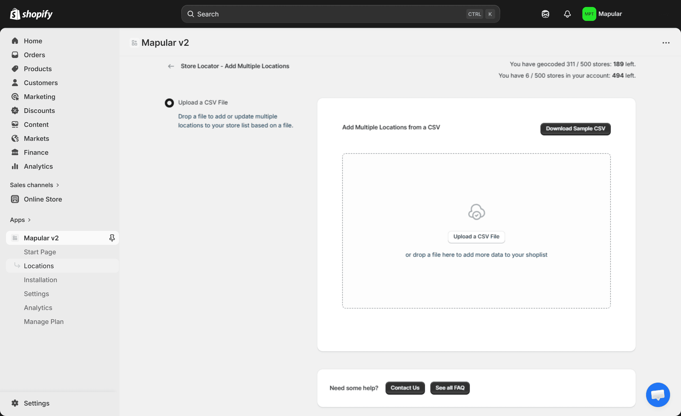 CSV import upload screen