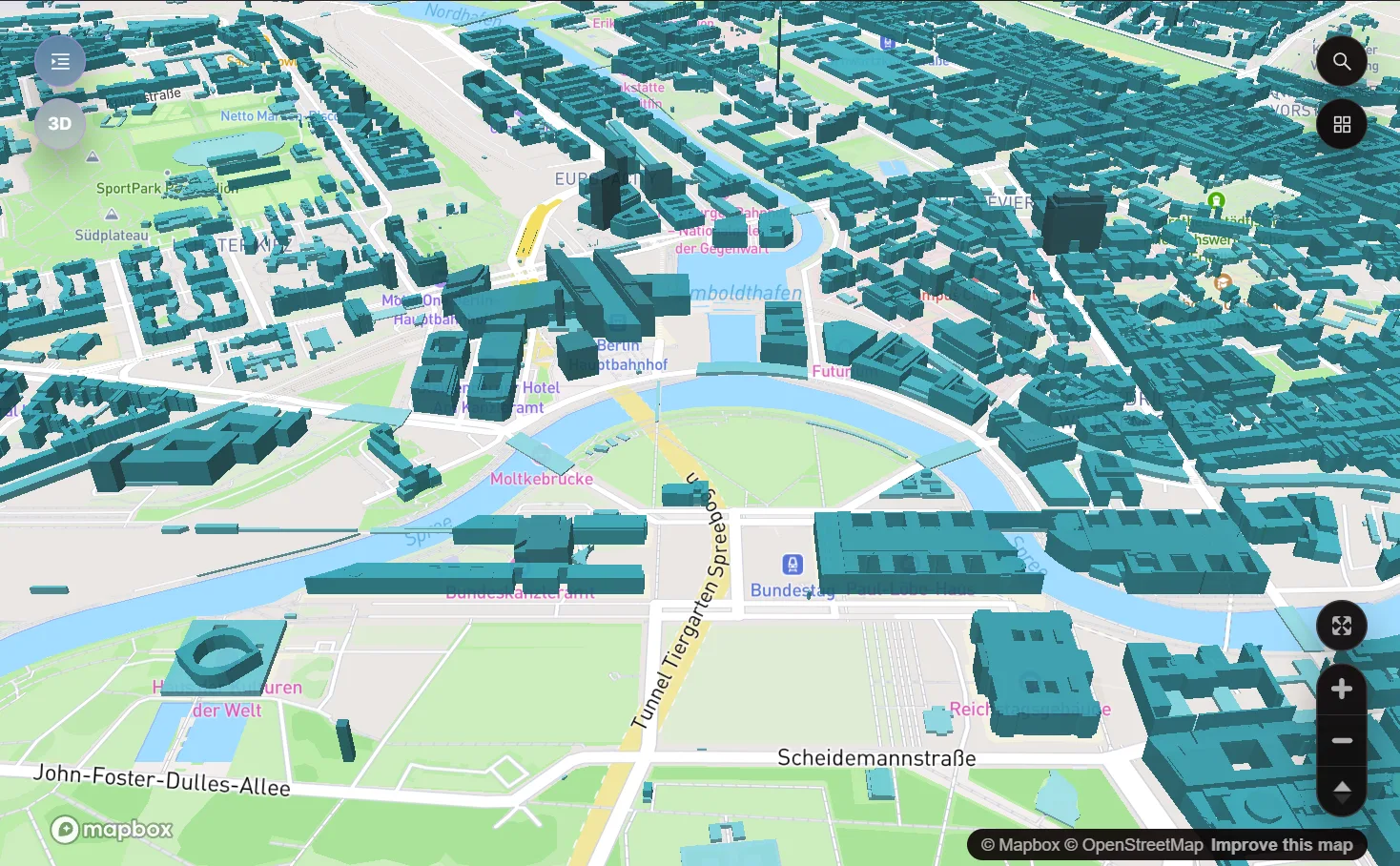 LOD2 building models with standardised roof shapes on the terrain model, central Berlin around the Hauptbahnhof