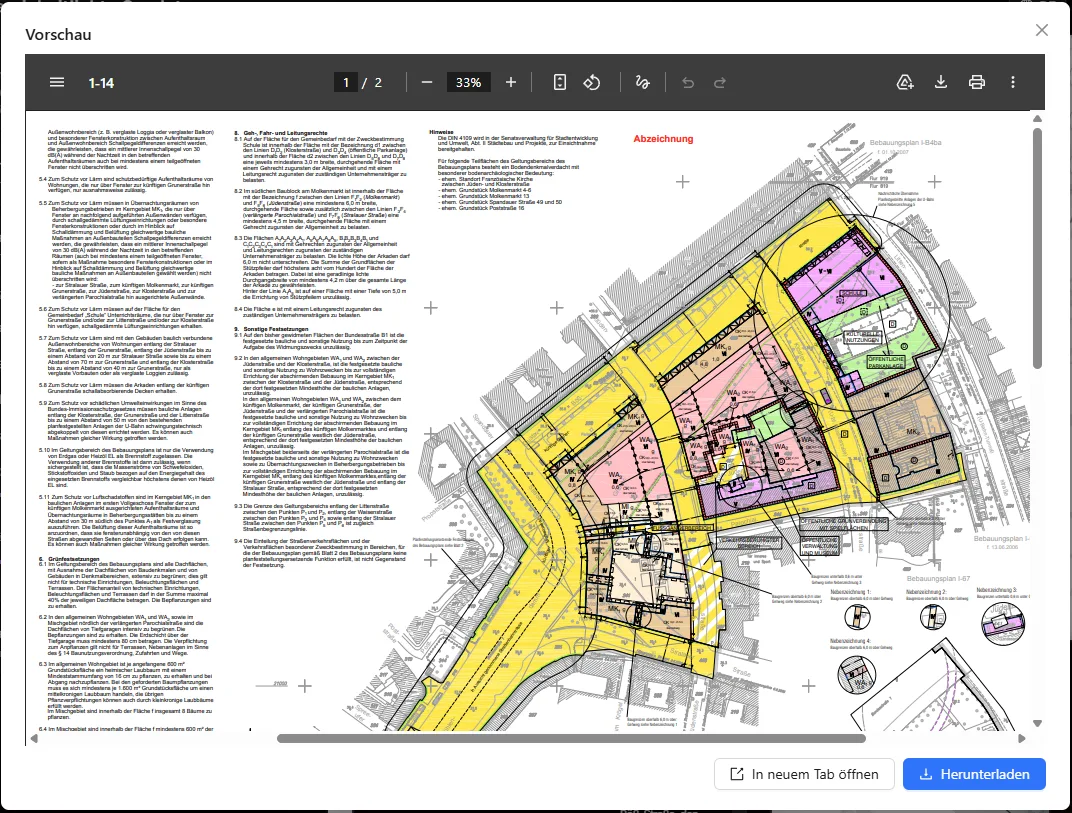 A real Bebauungsplan document: a drawn plan sheet next to pages of written provisions, viewed as a PDF