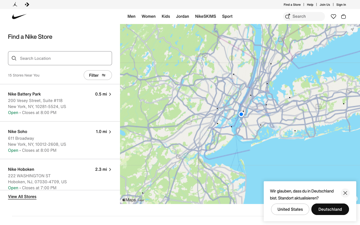 Nike store locator showing sidebar with location cards and a desaturated map with branded pins
