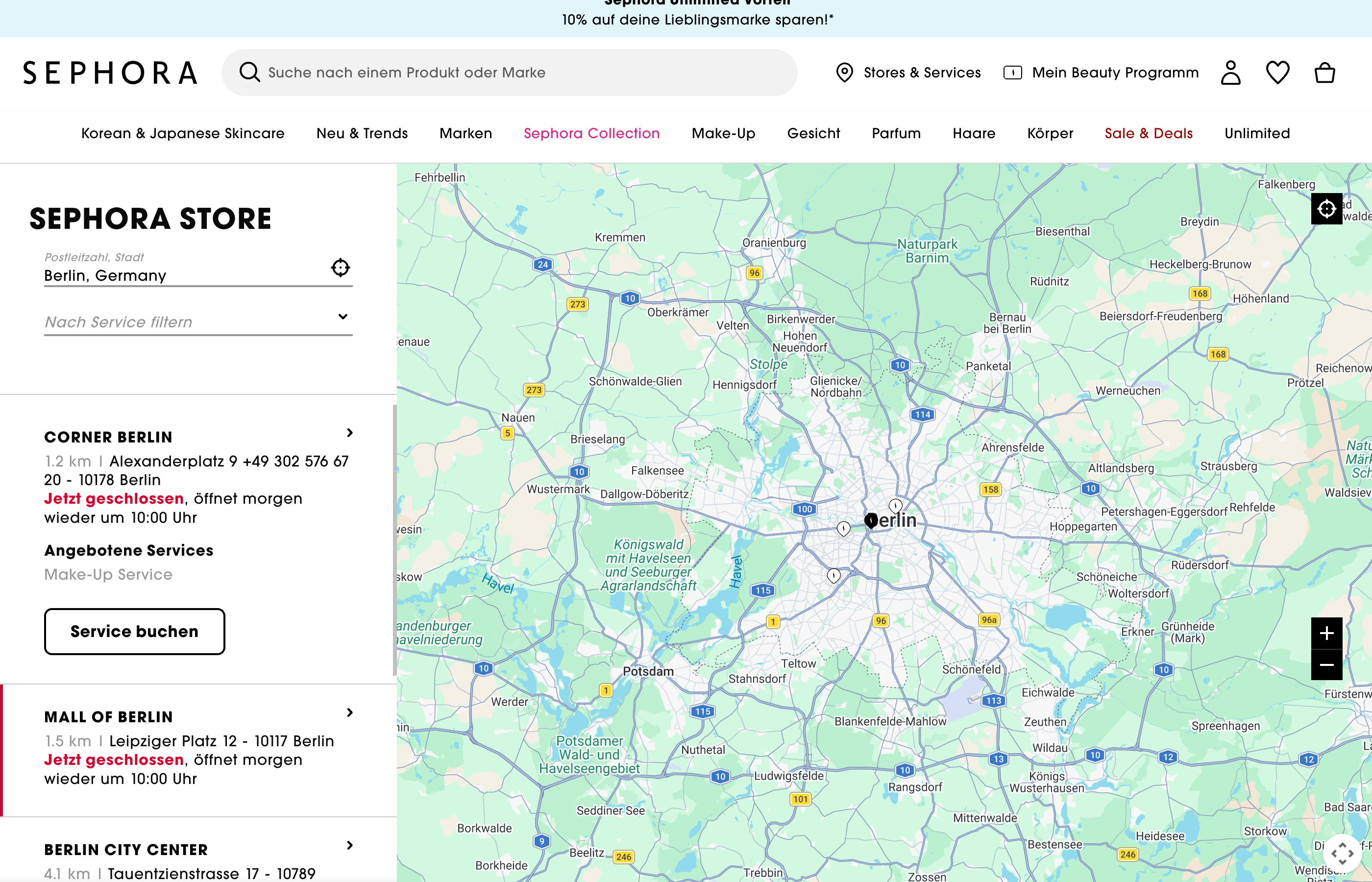 Sephora store locator showing sidebar with location cards and a Google Maps view of Berlin