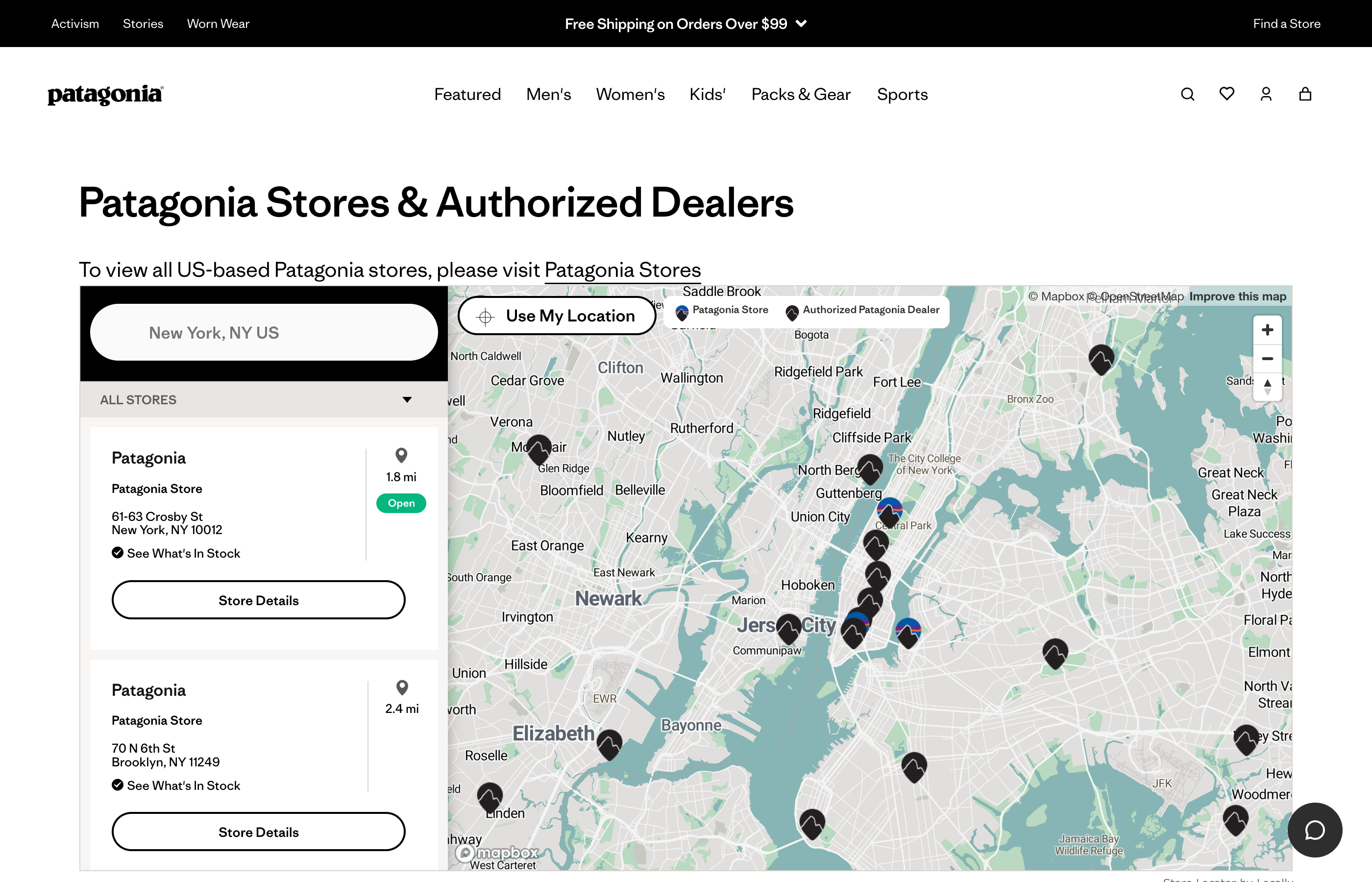 Patagonia store locator showing sidebar with store details and a Mapbox map of New York area