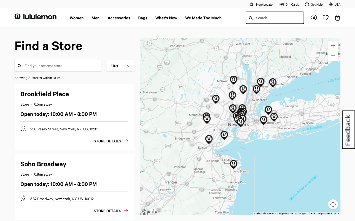 Lululemon store locator showing a narrow sidebar with store details and a large map view