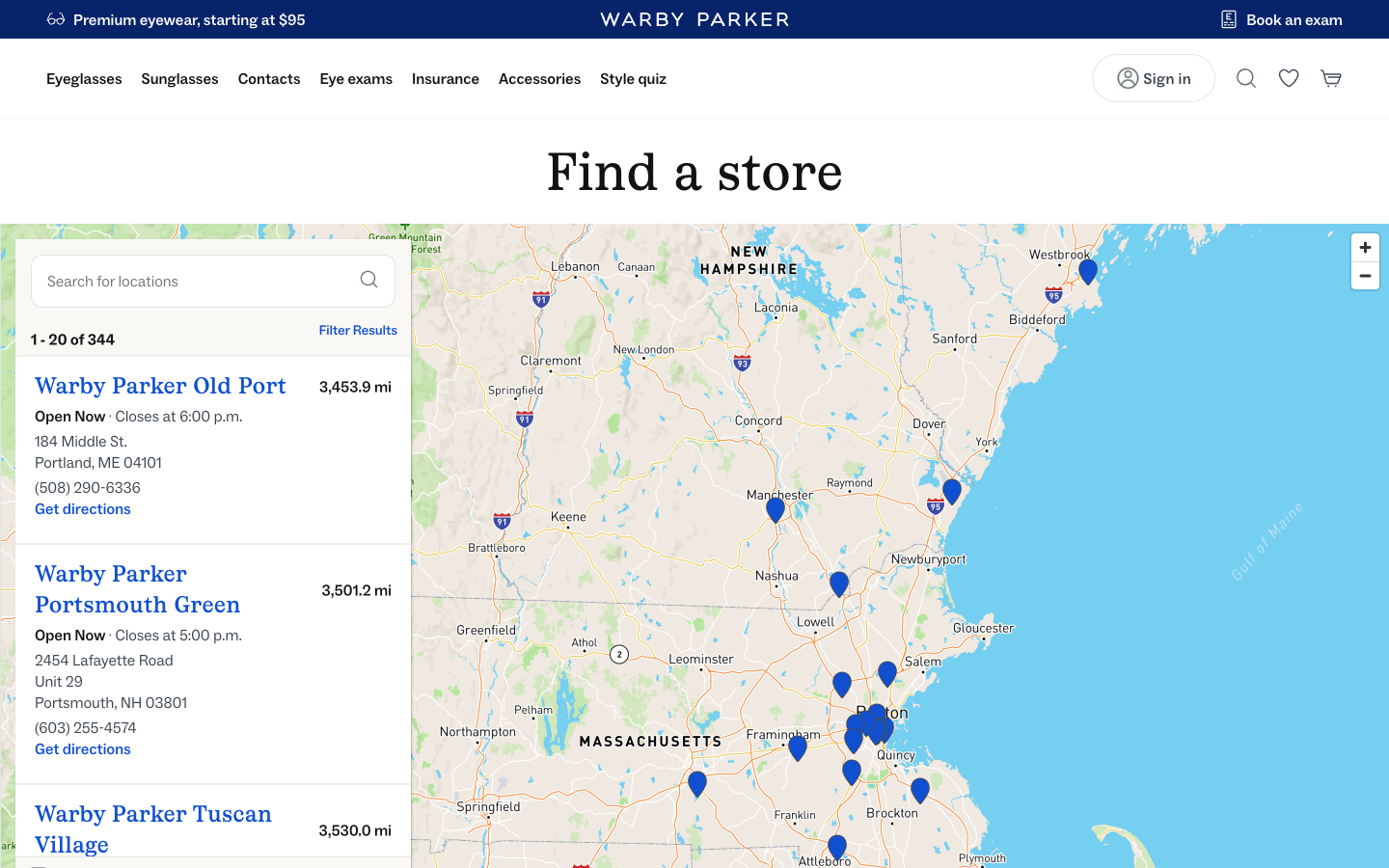 Warby Parker store locator showing sidebar with location details and blue pins on the map