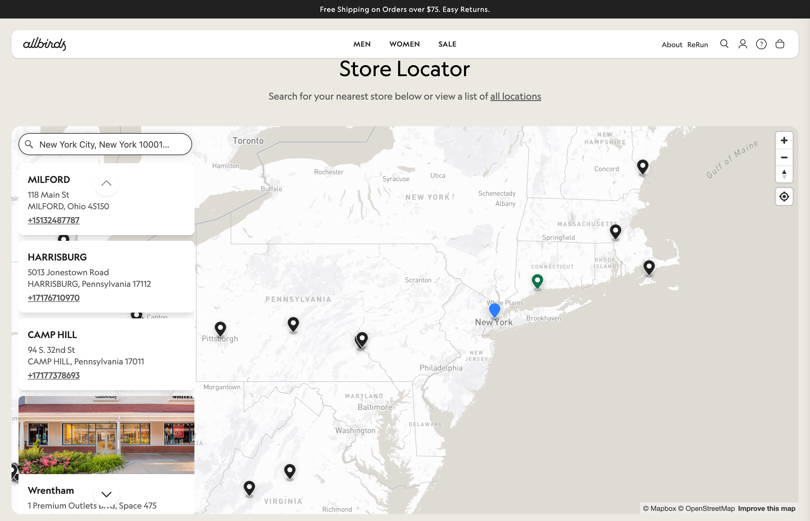 Allbirds store locator showing search bar, location cards with storefront photos, and a Mapbox map