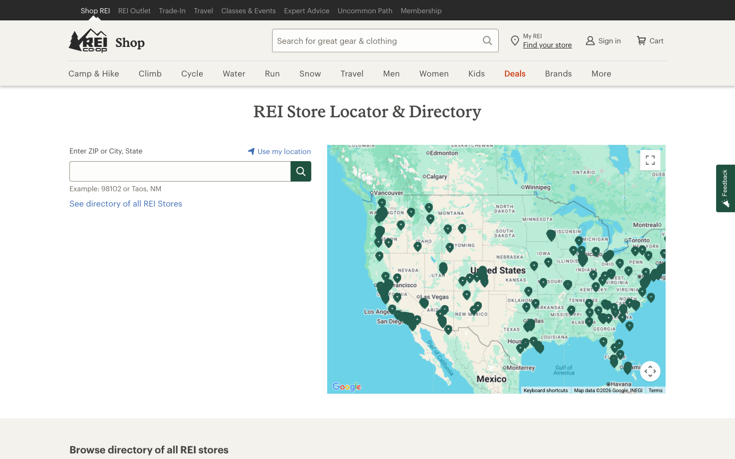 REI store locator showing a full-width terrain-styled map with green pins across the United States
