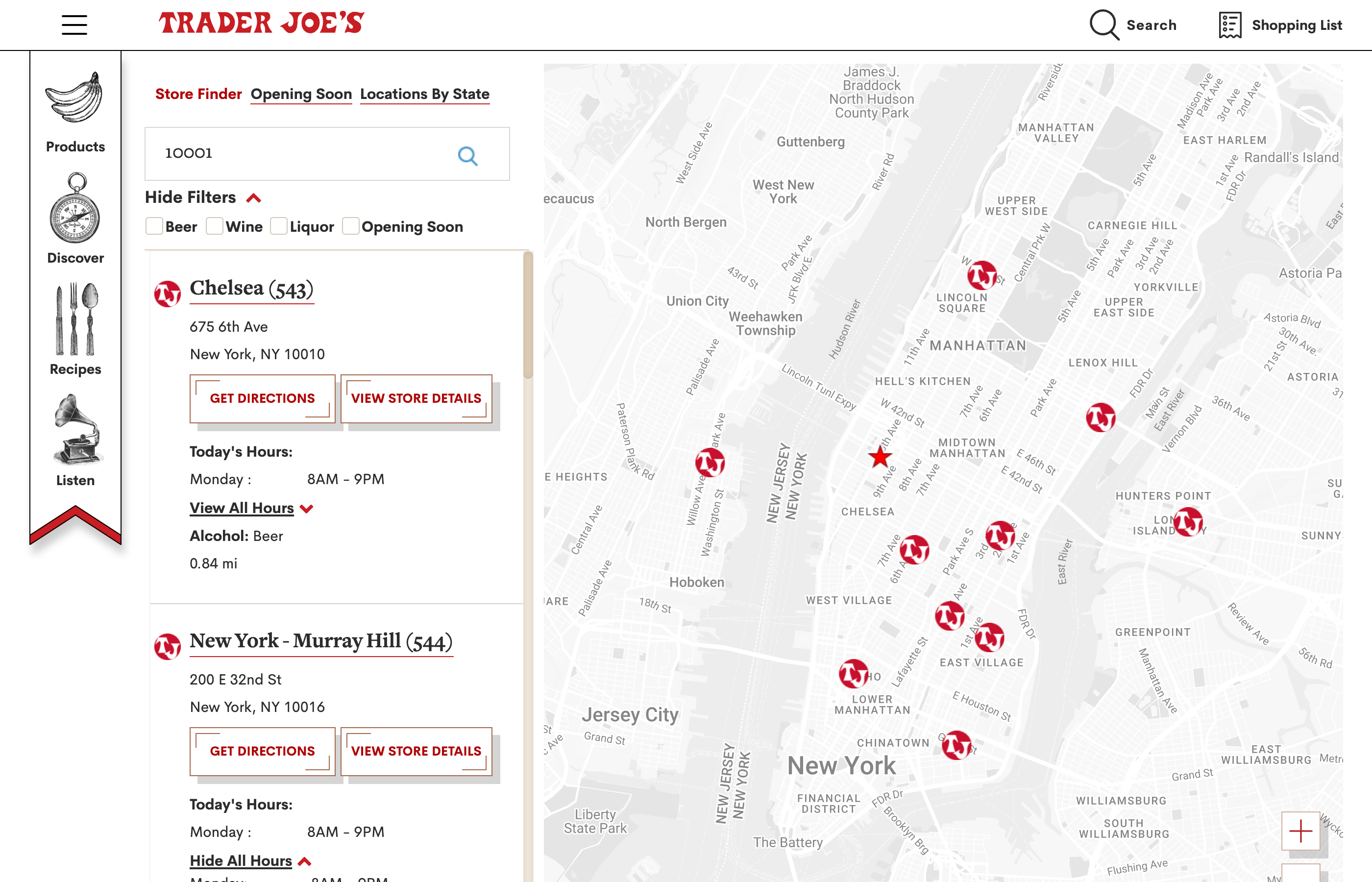 Trader Joe's store locator showing branded red pins on the map and a sidebar with store details