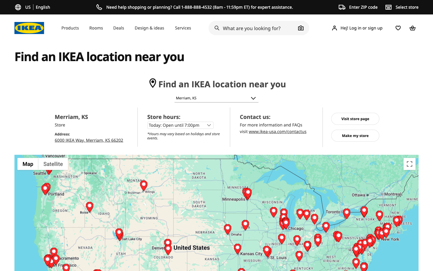 IKEA store locator showing a full-width map with blue and yellow pins across the United States