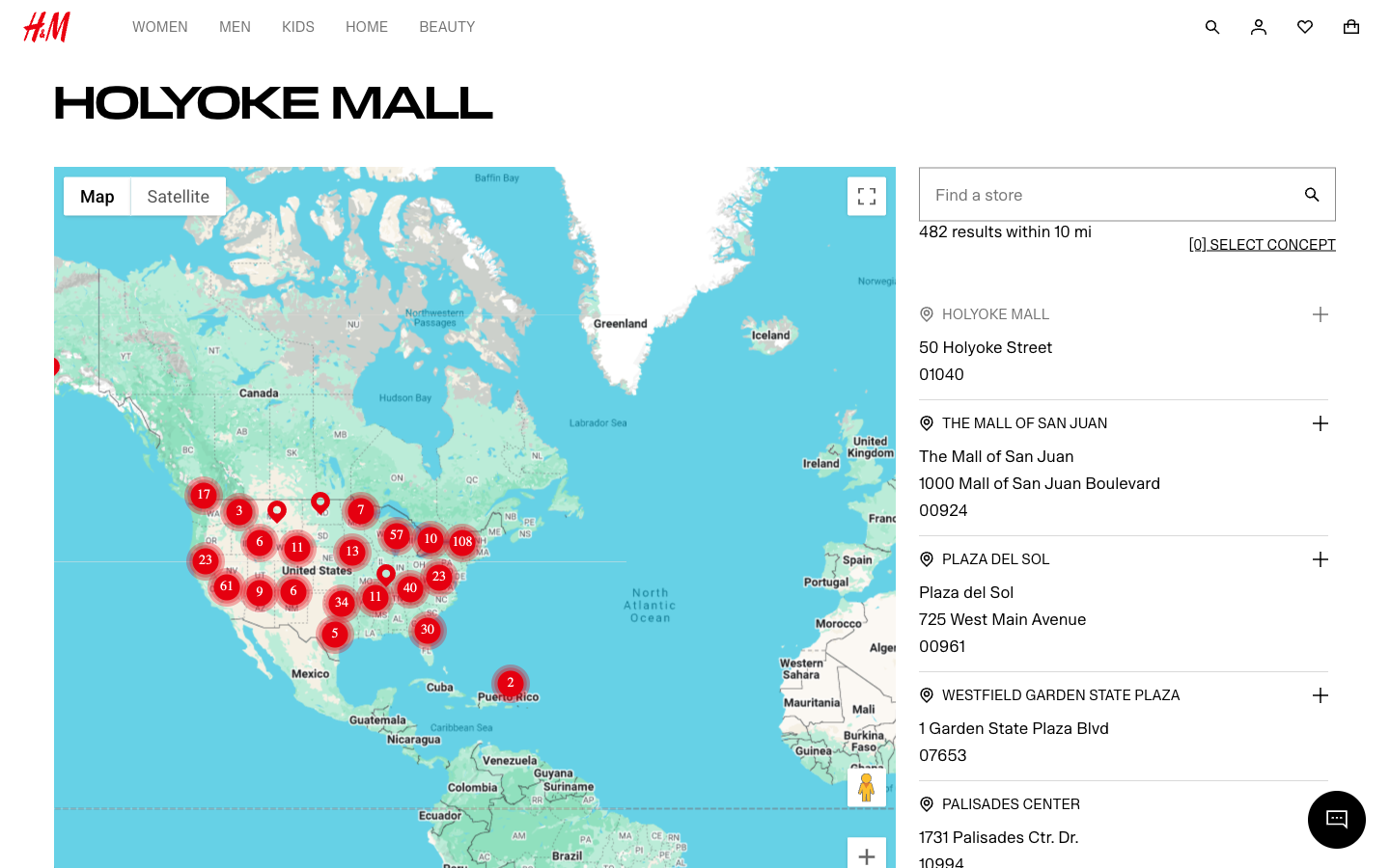 H&M store locator showing a full-width map with clustered red pins and a right sidebar store list