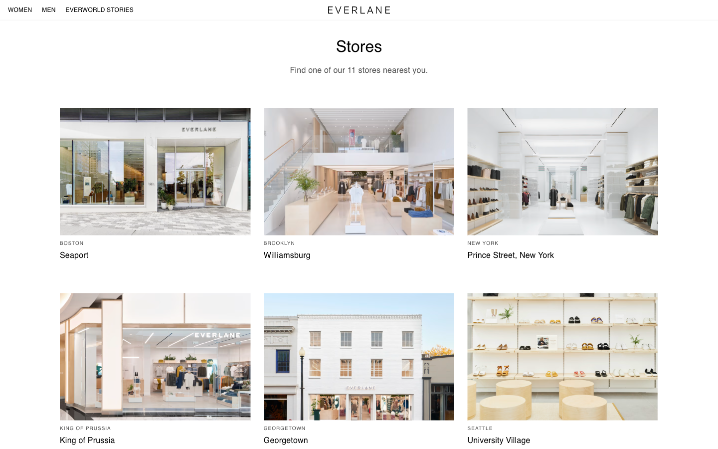 Everlane stores page showing a grid of storefront photos with city names