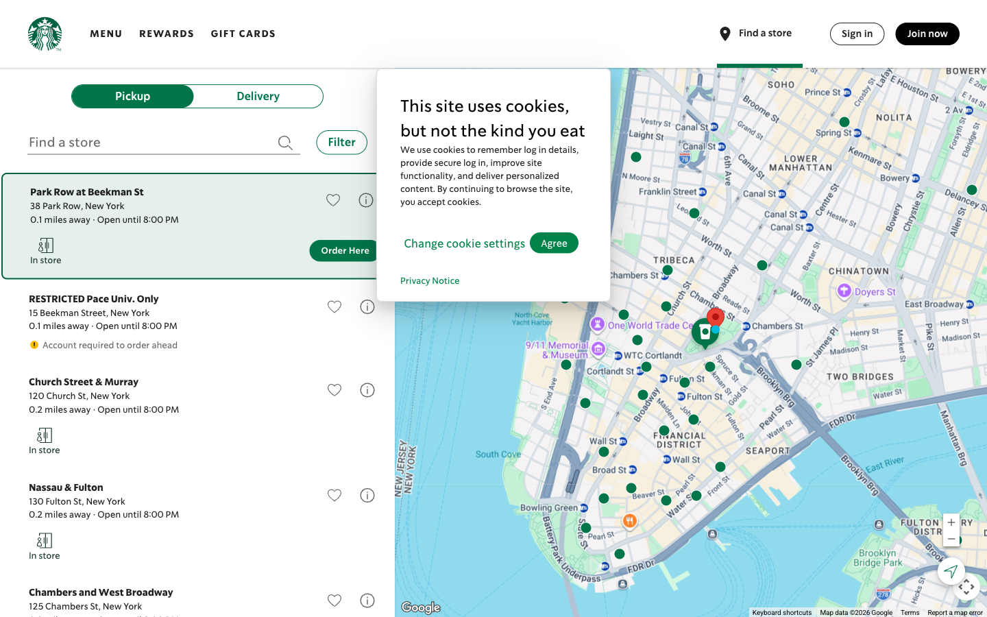 Starbucks store locator showing sidebar with nearby stores and green pins on a Manhattan map