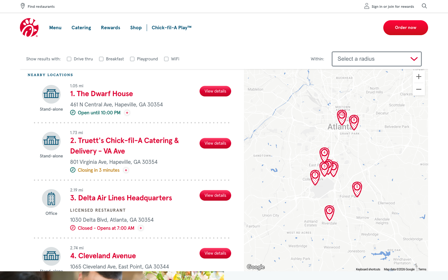 Chick-fil-A store locator showing sidebar with nearest locations and red pins on a map
