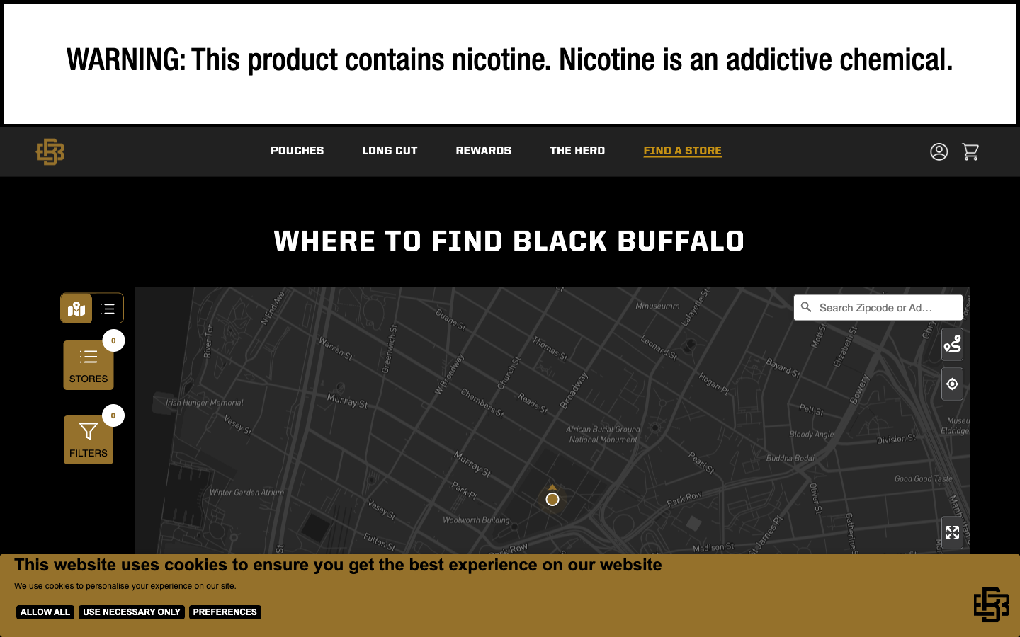 Black Buffalo store locator showing a dark-themed map with gold pins and a search bar