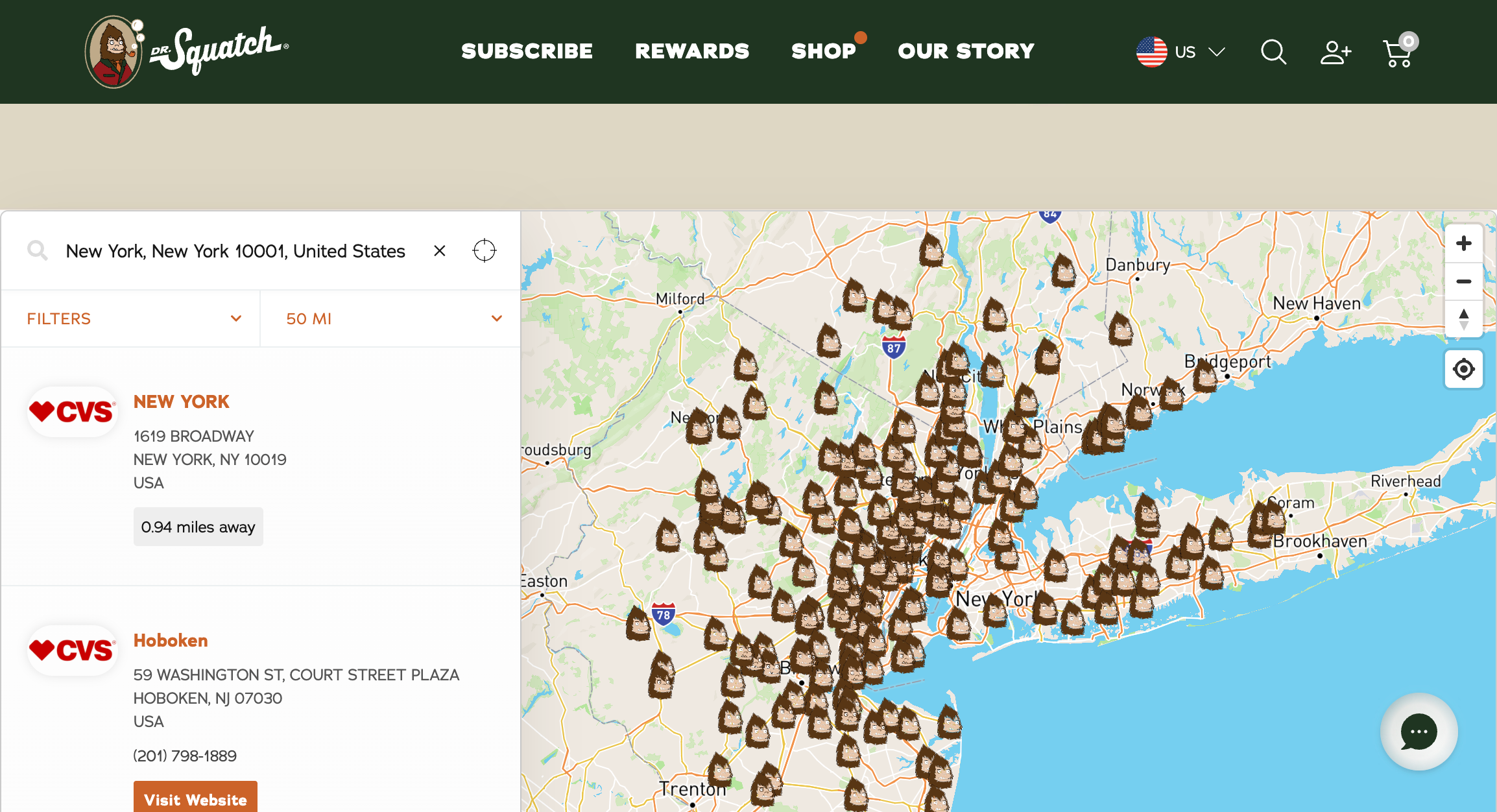 Dr. Squatch store locator showing custom branded pins densely covering the eastern United States