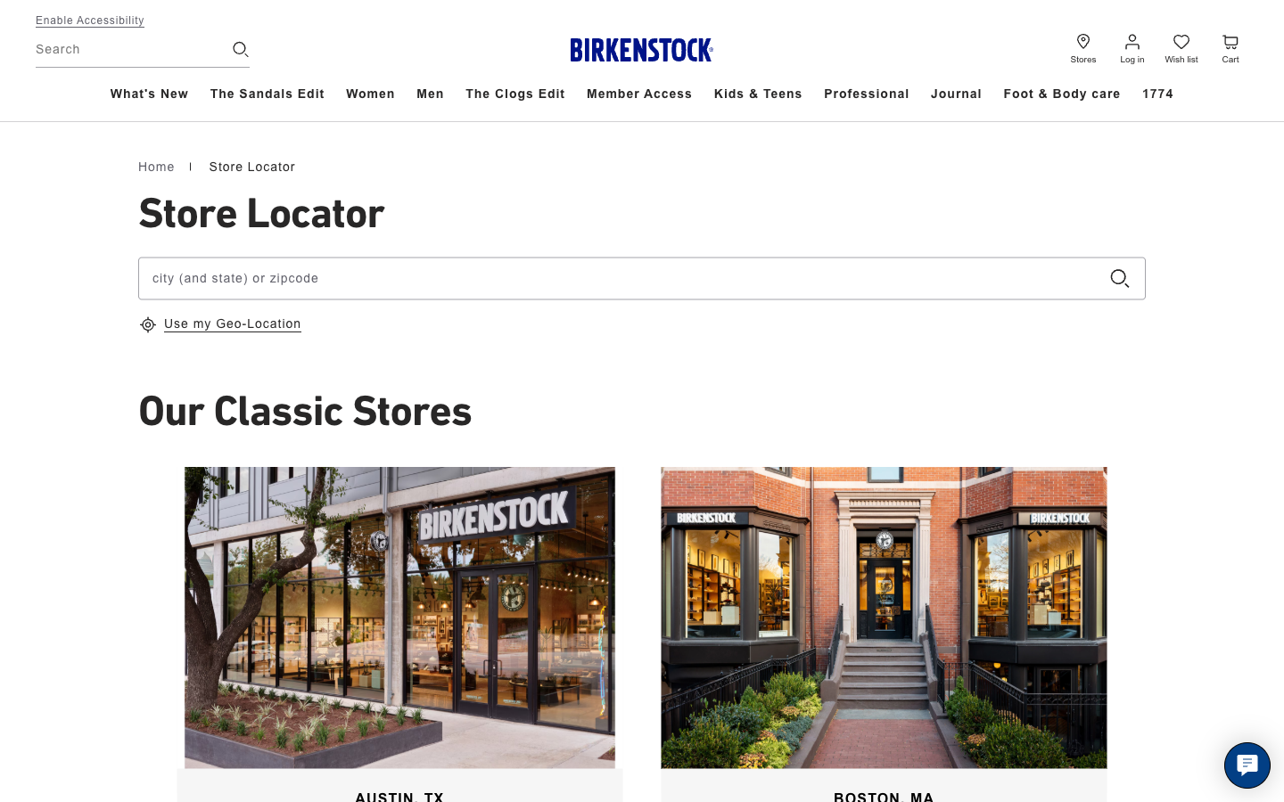Birkenstock store locator showing search bar and a curated grid of classic store photos