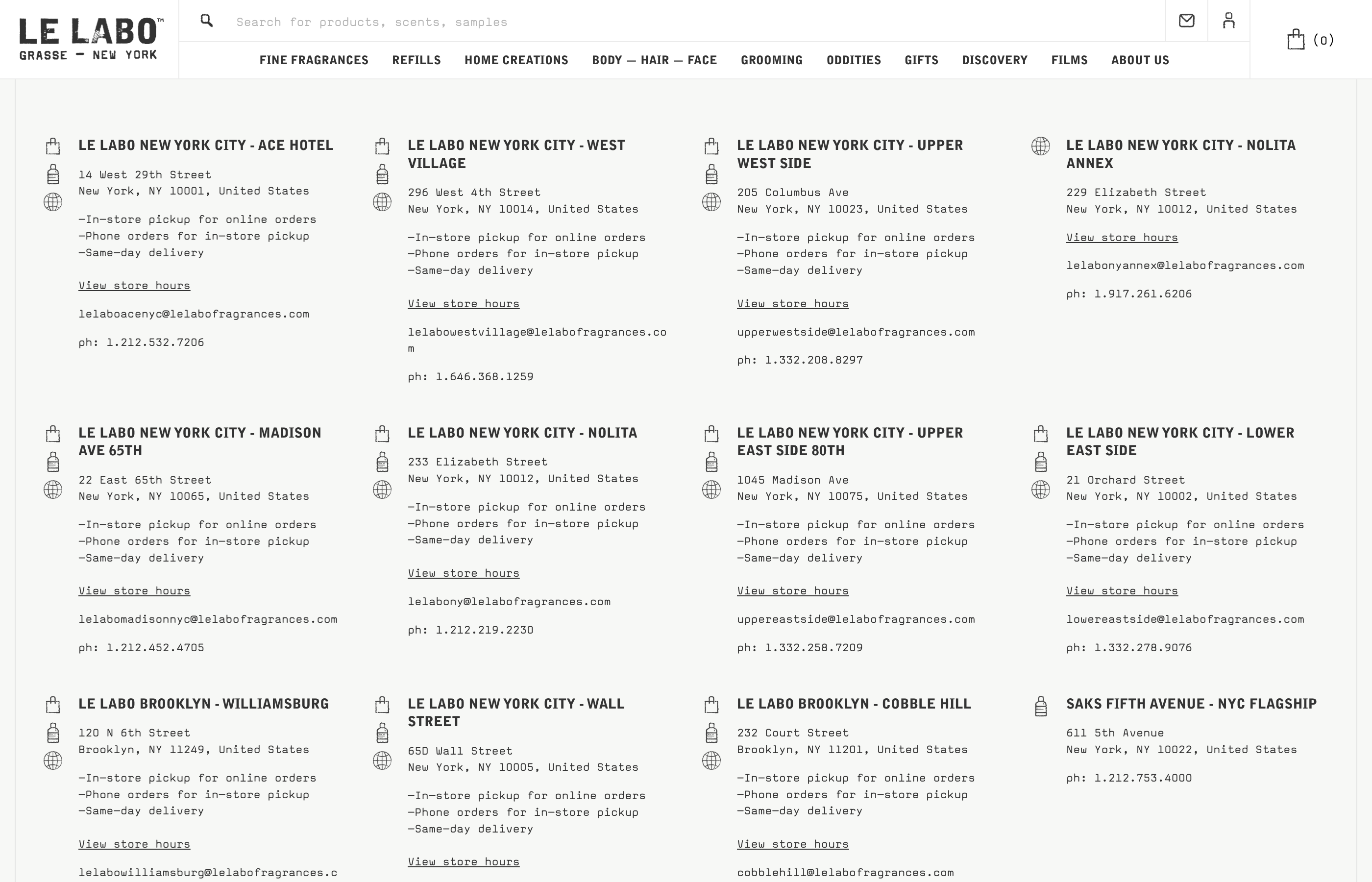 Le Labo store locator showing a text-based card grid of New York City locations