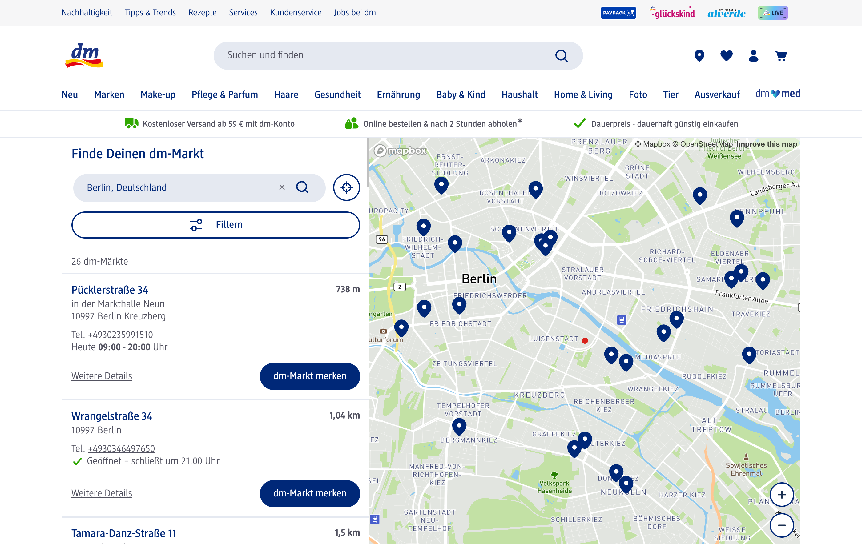 DM Germany store locator showing sidebar with store details and blue pins on a Berlin map