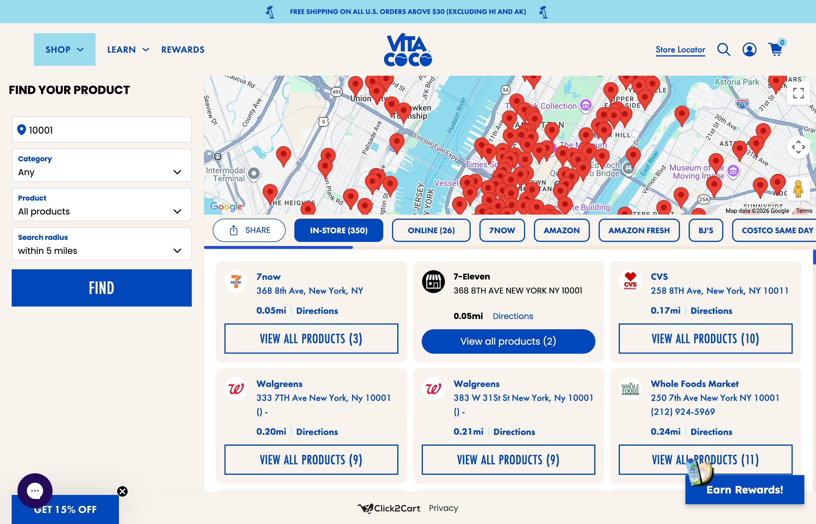 Vita Coco store locator showing product filters, retailer tabs, and red pins on a New York map