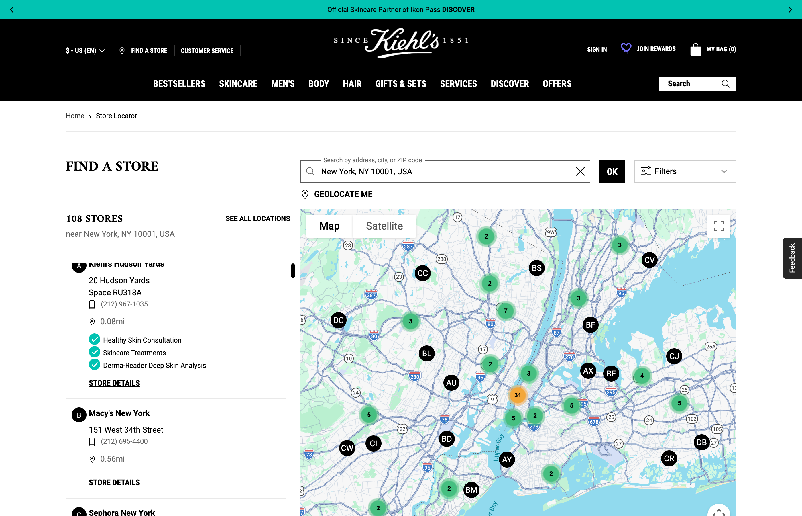 Kiehl's store locator showing sidebar with service badges, color-coded map pins, and 108 stores near New York