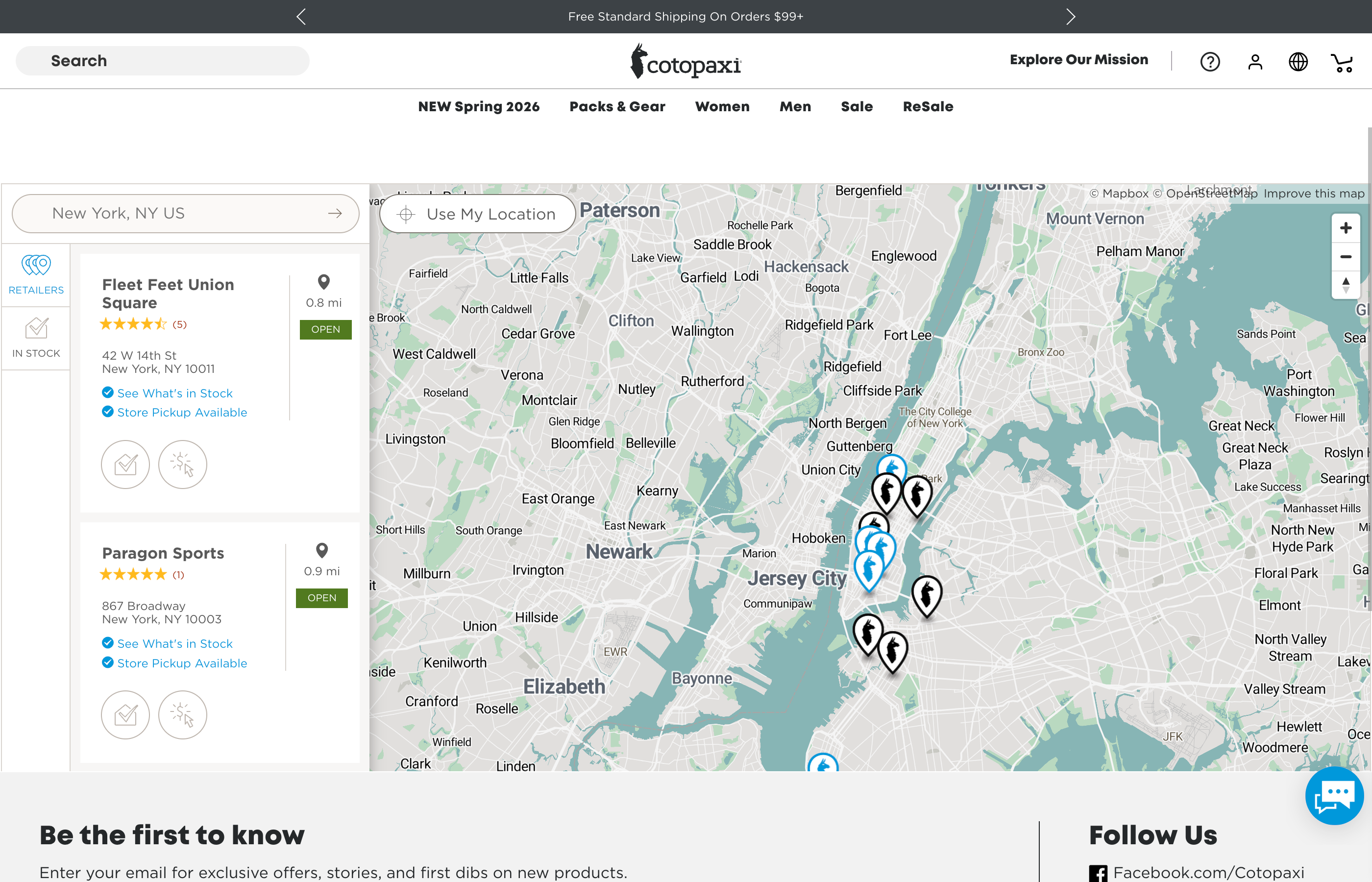 Cotopaxi store locator showing sidebar with retailer cards and teal pins on a map of the New York area